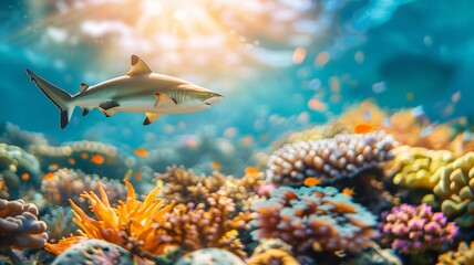 A shark gracefully swims above a vibrant coral reef teeming with various marine life