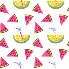 Whole and sliced watermelon slices on a light colored background. Seamless pattern