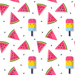 Whole and sliced watermelon slices on a light colored background. Seamless pattern