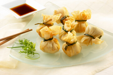 battered oriental dish won ton with soy sauce and chopsticks