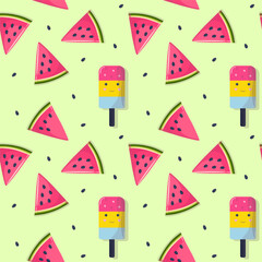 Whole and sliced watermelon slices on a light colored background. Seamless pattern