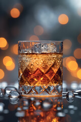 Festive Holiday Whiskey Glass with Ice and Warm Bokeh Lights