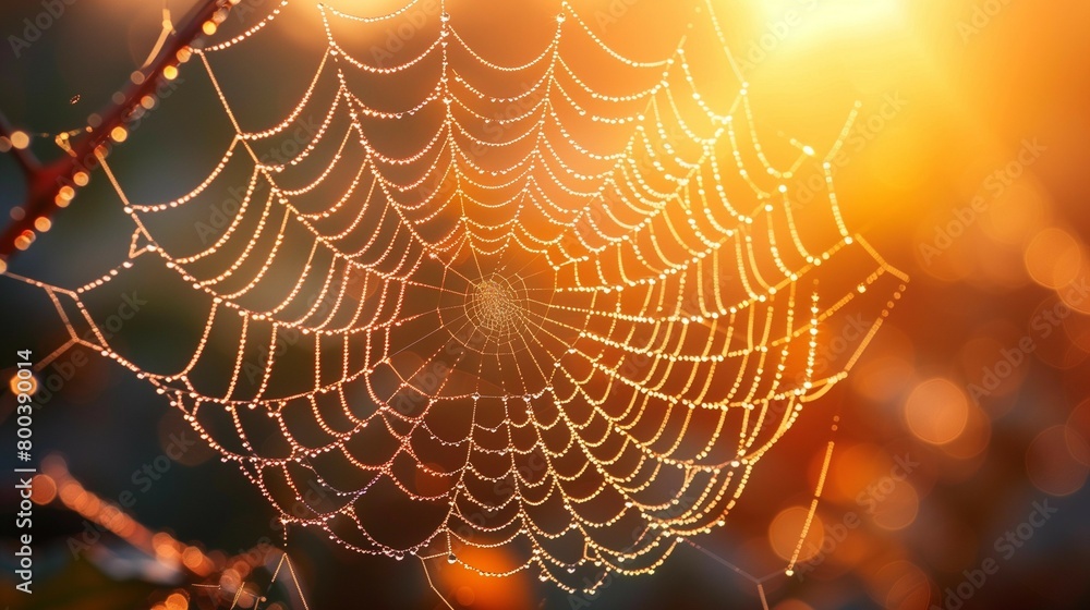 Wall mural Sunrise Illuminating Spider Web with Dew, generative ai