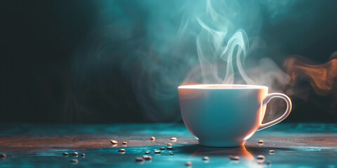 Hot steaming coffee cup background design.  Horizontal banner of coffee steaming cup and free space for text. Raster bitmap digital illustration.	Photo style. AI artwork. 