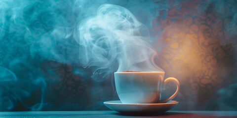 Hot steaming coffee cup background design.  Horizontal banner of coffee steaming cup and free space...