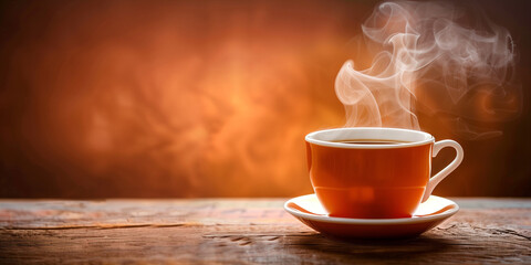 Hot steaming coffee cup background design.  Horizontal banner of coffee steaming cup and free space...