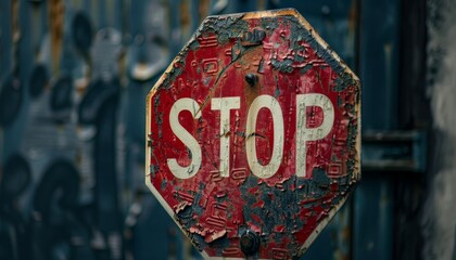 A closeup of a weathered stop sign, its bold red octagon shape and white lettering a universal...