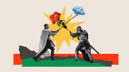Medieval knights in duel, weapons replaced with vibrant stems of flowers. Contemporary art collage. Transforming war into peace. Concept of creativity, comparison of eras, surrealism, inspiration