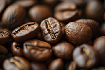 Close-Up of Roasted Coffee Beans with Selective Focus