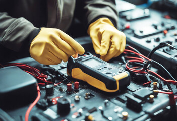 'image close wearing when mechanic gloves automobile protective multimeter using testing battery repairing car man working occupation auto people engine service equipment industry'