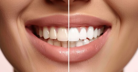 A close-up comparison of teeth whitening results before and after, showing a confident female smile
