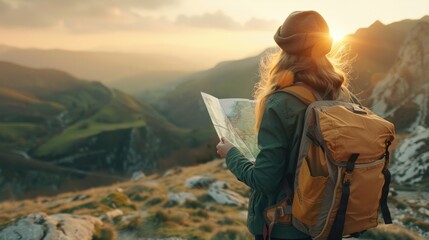Hipster young girl with backpack enjoying sunset on peak of mountain, looking map. Tourist traveler on background valley landscape view mockup, sunlight in trip in basque country, mock up for text