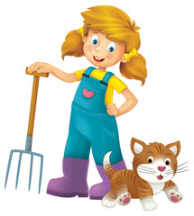 cartoon scene with farmer girl standing with pitchfork and farm animal cat kitty isolated background illustation for children