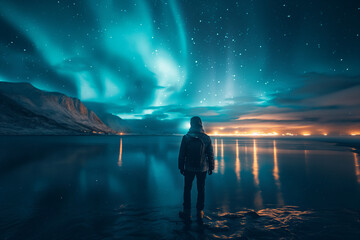 person looking at northern lights - obrazy, fototapety, plakaty