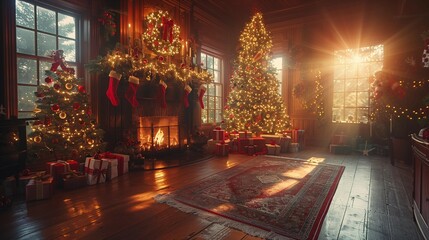 Cozy Christmas Scene with Fireplace and Gifts, generative ai