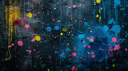 Colorful paint splatters on a black background.