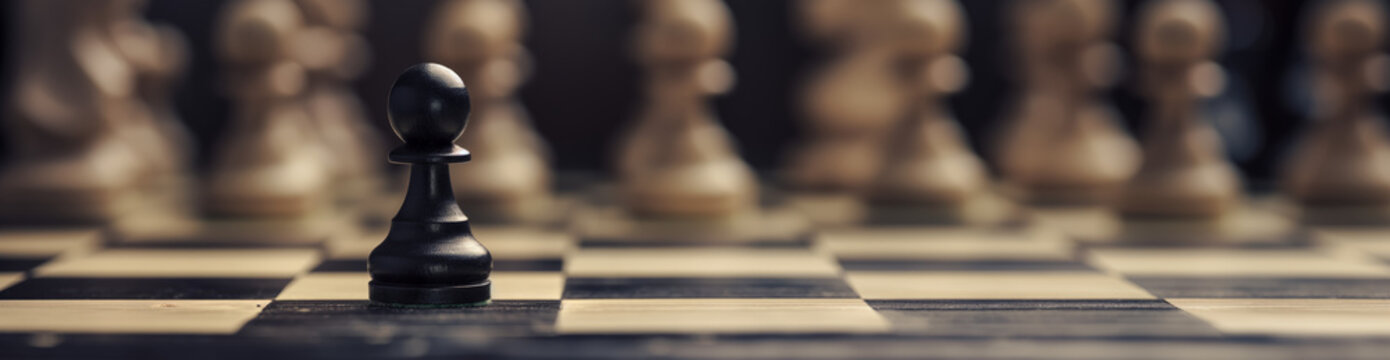 An image where a single pawn stands opposite multiple blurred chess pieces, signifying adversity