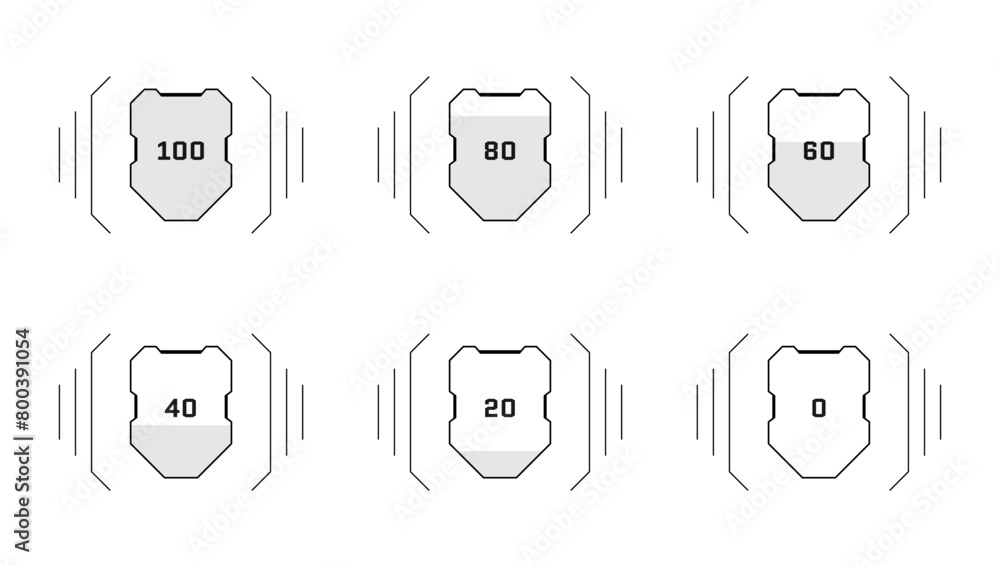 Poster hud digital futuristic style videogame user interface health shield progress set. video game player 