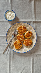 breakfast, cheesecakes with yogurt, no people, top view