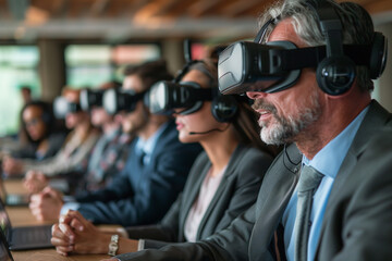 group of business professionals sitting in a row, each wearing virtual reality headsets and headphones