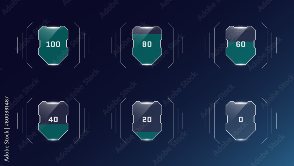 Poster hud digital futuristic style videogame user interface health shield progress set. video game cybersp