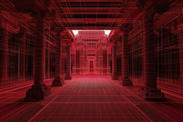 Naklejka premium The image depicts an abandoned corridor with stone columns and doors, suggesting an old, empty interior The perspective leads down a long hall with light filtering through, revealing a sense of urban 