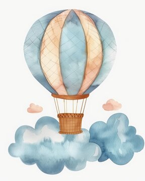 A beautiful watercolor hot air balloon floating among the clouds