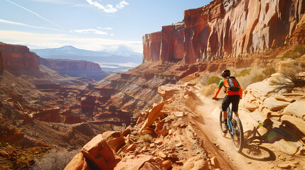 A mountain biker navigating a rocky trail with sheer cliffs on either side. Epic shot.  
