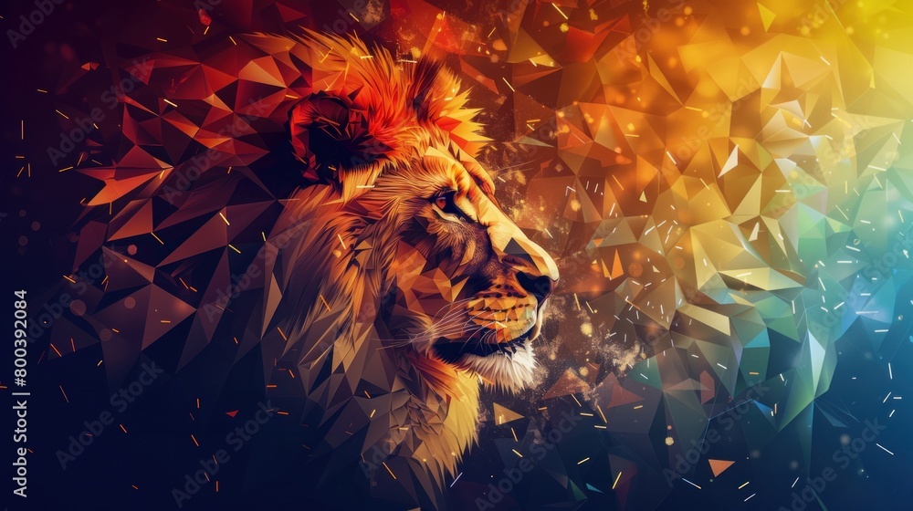 Poster a low polygon illustration showcasing an exploding geometric pattern of a lion.