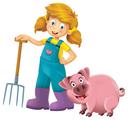 cartoon scene with farmer girl standing with pitchfork and farm animal pig hog isolated background illustation for children