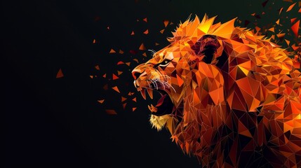 A low polygon illustration showcasing an exploding geometric pattern of a lion.