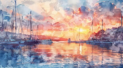 A beautiful watercolor painting of a harbor at sunset