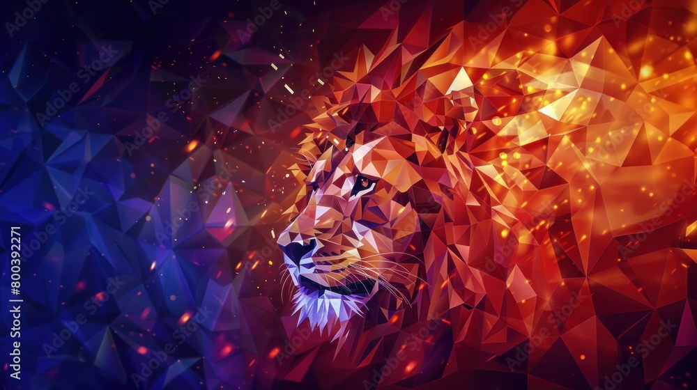 Poster a low polygon illustration showcasing an exploding geometric pattern of a lion.