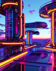 Technodome structure with futuristic design, neon lights, dusk setting,