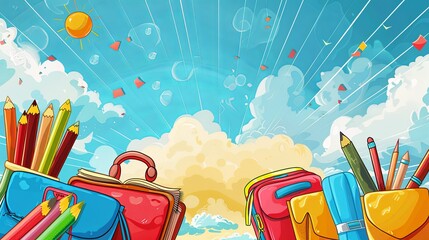 a set of different school items in the center, on the sides there is a background of the sky and sun rays. Abstract background.