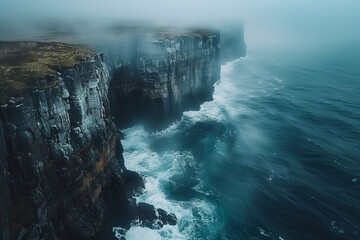 drone shot of rugged cliffs along a misty coastline, waves crashing against rocks, overcast sky above