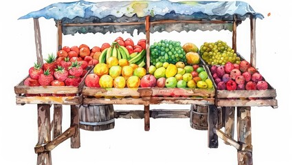 A watercolor painting of a fruit stand. The stand is made of wood and has a blue tarp roof. On the stand are baskets of strawberries, apples, bananas, grapes, and mangos.