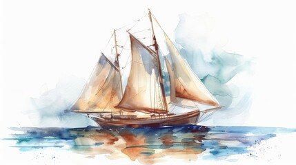 A watercolor painting of a sailboat with the sails down, gently floating on a calm sea.