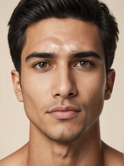 plain beige background close-up portrait of handsome hispanic mexican guy from Generative AI