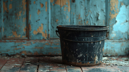 Obraz premium Old bucket in a weathered room with peeling blue paint