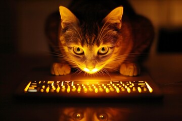A domestic cat is calmly sitting beside a computer keyboard
