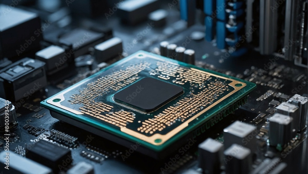 Poster a computer processor with a black core is connected to the motherboard
