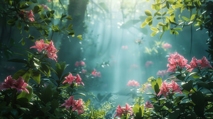 A lush green forest with pink flowers and a bright blue sky