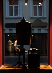 A mannequin silhouette in a small shop window.