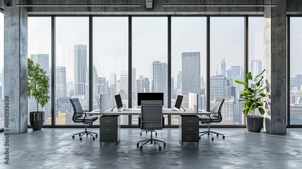 Poster a modern office space with an open layout is shown through a window, with a city visible in the back