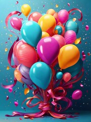 Colorful festive holiday balloons on a colorful background. Holiday Birthday card template banner background design