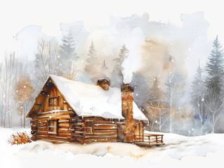 A cozy watercolor cabin in the woods, surrounded by snow-covered trees