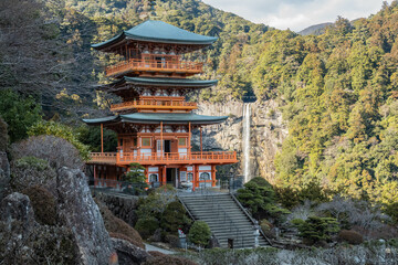 Fototapeta premium Seiganto-ji pagoda and Nachi Falls, Nachisan, Wakayama, Japan