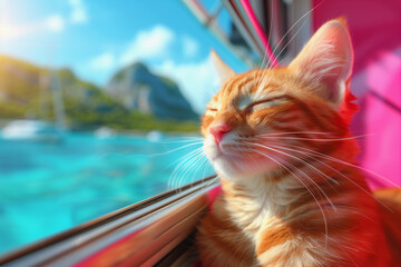 happy cat squints at the sun while traveling across the blue sea