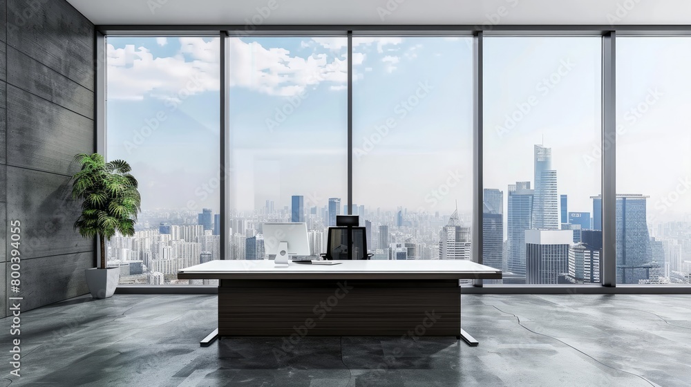Poster a modern office space with an open layout is shown through a window, with a city visible in the back